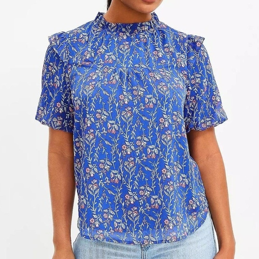 Loft Blue Chiffon Floral Ruffle Mock Neck Short Sleeve Blouse Size Large